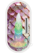 Monster Romance Unihorn Fantasy Vibrating Silicone Dildo in packaging with bullet vibe and textured design.