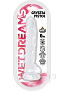 Wet Dreams Crystal Pistol 6 Inch Dildo Clear in sleek packaging, showcasing its transparent design and features.