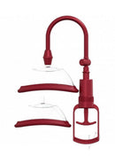Pumped Manual Vagina Pump Kit Red with clear suction cups and squeeze bulb for enhanced sensation and control.