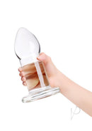 B-Vibe Advanced 8 Inch Glass Anal Dilator Clear held in hand showcasing its design and shape.