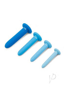 B-Vibe Silicone Anal Training Dilator Set Blue with graduated silicone plugs in varying sizes.
