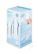 B-Vibe Intermediate Glass Anal Dilators 2 Piece Set Clear packaging showcasing smooth glass design and usage details.