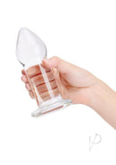 B-Vibe Intermediate Glass Anal Dilators 2 Piece Set Clear in hand showing smooth glass design and dimensions.