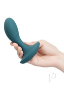 B-Vibe 4 Inch Rechargeable Silicone Prostate Vibrator Green held in hand for focus on design and functionality.