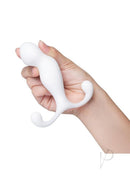 B-Vibe P-Spot Pro Plus Prostate Massager White held in hand for hands-free stimulation.