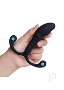 B-Vibe P-Spot Apex Bend Prostate Massager Black held in hand showing contoured design and posable arms.