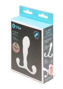 B-Vibe P-Spot Slim X Prostate Massager White packaging showcasing its hands-free design and ribbed stem.