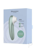 Womanizer Pleasure Pro Air Pulse Clitoral Vibrator Sage Green packaging showing product features and design.