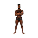 Male Power Sassy Lace Mini Short Sheer Pouch Black XL model showcasing a confident stance.