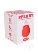 M`Lady Rose Silicone Clitoral Suction Stimulator Red packaging with soft silicone material and rechargeable feature.