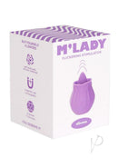 M'Lady Rose Flickering Tongue Clitoral Stimulator Purple packaging, featuring a compact rose design and USB recharge info.