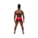 Male Power Sassy Lace Bikini Solid Pouch Red XL displayed on a model from the back, showcasing scalloped lace details.
