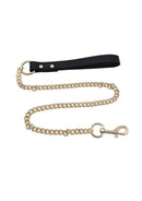 Leather Lead With Gold Accessories featuring a black leather handle and gold-tone chain for stylish durability.