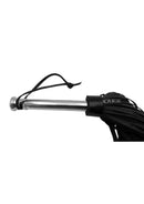 Leather Flogger With Steel Handle showcasing a polished steel grip and supple leather falls for precision handling.