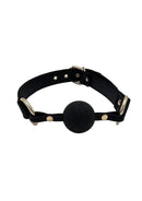Leather Ball Gag With Gold Accessories featuring sleek black leather and polished gold-tone hardware.