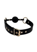 Leather Ball Gag With Gold Accessories featuring a sleek black leather strap and gold-tone hardware.