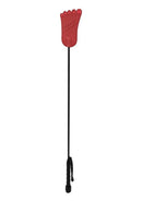 Rouge Foot Leather Riding Crop Red Black featuring a unique foot-shaped paddle tip in red and a sleek black handle.