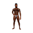 Male Power S'naked Shoulder Sling Harness Thong Silver S/M model showcasing bold design and striking silhouette.