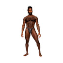 Male Power S'naked Criss Cross Thong Black/Blue S/M showcased on a model with confident pose and metallic finish.