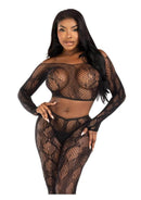 Leg Avenue Python Net Crop Top & Footless Tights OS Black worn by a model showcasing the bold python net design.
