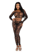 Leg Avenue Python Net Crop Top & Footless Tights OS Black worn by a model showcasing a bold fashion statement.