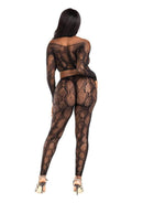 Leg Avenue Python Net Crop Top & Footless Tights OS Black showcased on a model from the back, featuring a striking python net pattern.