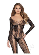 Leg Avenue Net & Lace Crotchless Lingerie Jumpsuit OS Black on a model showcasing its elegant design.