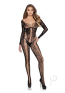 Leg Avenue Net & Lace Crotchless Lingerie Jumpsuit OS Black on a model showcasing its modern silhouette and stylish design.