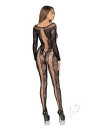 Leg Avenue Net & Lace Crotchless Lingerie Jumpsuit OS Black worn by model from the back, showcasing intricate lace and net design.