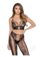 Leg Avenue Net & Lace Crop Top & Crotchless Tights OS Black worn by a model showcasing the stylish two-piece set.