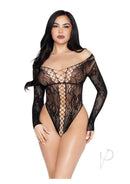 Leg Avenue Net & Lace Crotchless Teddy OS Black showcasing a blend of lace and net fabric in a sexy design.