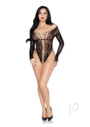 Leg Avenue Net & Lace Crotchless Teddy OS Black showcasing a modern lace design and flattering silhouette on a model.