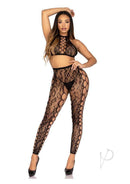 Leg Avenue Leopard Net Crop Top & Crotchless Tights OS Black showcasing a model in a bold and edgy two-piece outfit.