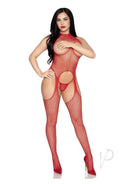 Leg Avenue Circle Net Cupless Suspender Lingerie Jumpsuit & Panty Red model showcasing bold and stylish design.