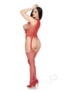 Leg Avenue Circle Net Cupless Suspender Lingerie Jumpsuit & Panty Red displayed on a model with stylish red heels.