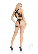 Leg Avenue Deep-V Lace Bra & Panty with Garters OS Black showcased on model from back view, featuring intricate lace and garters.