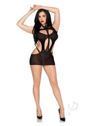 Leg Avenue Opaque Mini Dress & Halter Teddy OS Black worn by model, featuring cut-out design and sleek silhouette.