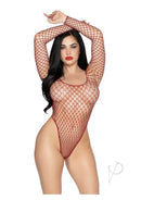 Leg Avenue High-Cut Industrial Net Bodysuit OS Burgundy on model showcasing its edgy design and body-contouring fit.
