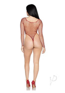 Back view of a model wearing the Leg Avenue High-Cut Industrial Net Bodysuit OS Burgundy showcasing its net design.