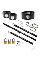 Master Series Dominion Steel Spreader Bar with Collar components including cuffs, bars, and locks.