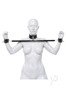Master Series Dominion Steel Spreader Bar with Collar displayed on a mannequin with lockable wrist cuffs.