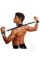 Master Series Dominion Steel Spreader Bar with Collar worn by a muscular man, showcasing restraint system.