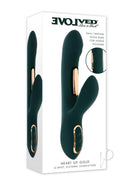 Heart of Gold Rechargeable Silicone Rabbit Vibrator Green with dual-tapping gold bars for pleasure in packaging.