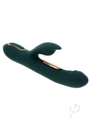 Heart of Gold Rechargeable Silicone Rabbit Vibrator Green featuring sleek design and dual stimulation features.