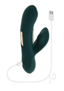 Heart of Gold Rechargeable Silicone Rabbit Vibrator Green with gold accents charging via USB.
