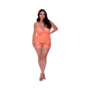 Magic Silk Rude Awakening Chemise Set Neon Orange Queen Size on model showcasing strappy detail and mesh design.