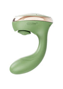 Swan Reign Rechargeable Silicone Dual Stimulating Vibrator Green with rose gold accents, showcasing its ergonomic design.
