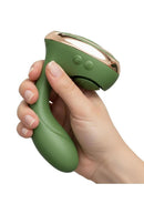 Swan Reign Rechargeable Silicone Dual Stimulating Vibrator Green held in hand showcasing its ergonomic design and rose gold accents.