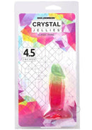 Crystal Jellies Dildo 4.5 inch Rainbow packaging with vibrant colors and dimensions prominently displayed.