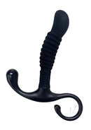 OptiMALE Ribbed Silicone Prostate Massager Black showcasing its contoured shape and ribbed shaft for targeted stimulation.